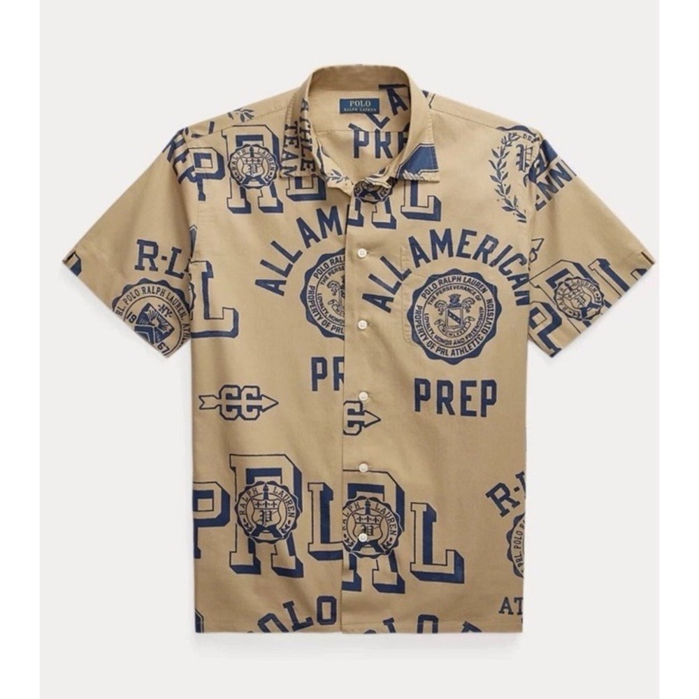 Polo Ralph Lauren Linen Camp Shirt Men's Large Tall American Prep Spellout NWT